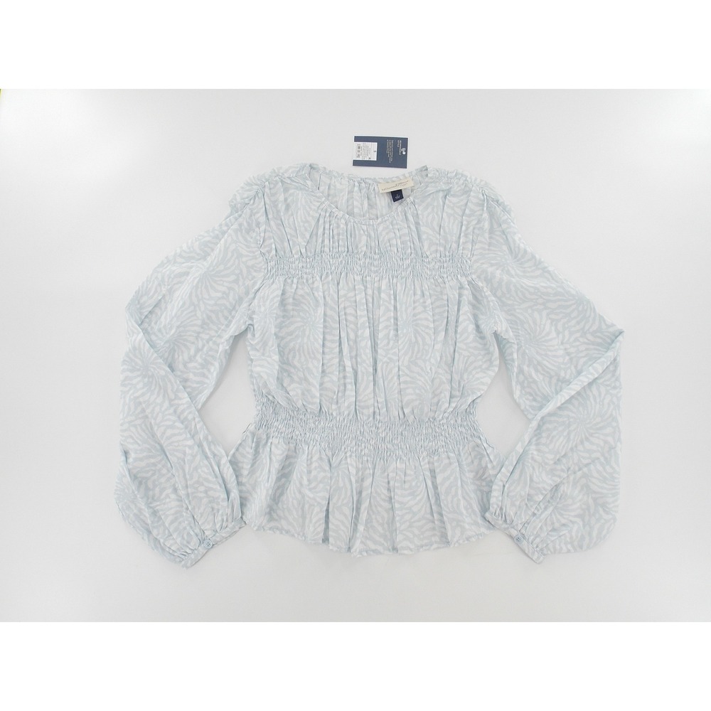 Universal Thread Blouse Peplum Smocked Waist Women Size S Light Blue White Print